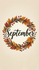 秋季花環，樹葉和漿果環繞著草書字體的「September」一詞。