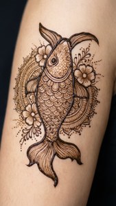 海娜風格雙魚座符號，配以花卉曼陀羅圖案，棕色墨水繪製。 — 雙魚座 GIF 壁紙