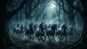 白馬在迷霧月光森林中與古樹一起奔跑。