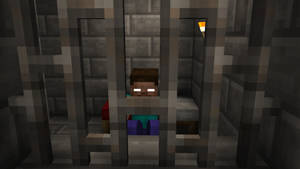 Minecraft角色在石頭監獄牢房裡，眼睛發光，火炬。