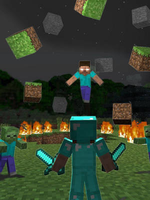 Minecraft 玩家在夜間跳過喪屍，伴隨浮動方塊和火炬。