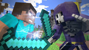 兩個Minecraft玩家用鑽石劍和閃電效果戰鬥。