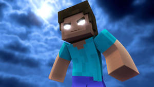 風暴天空下眼睛發光的Minecraft角色