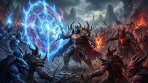 英勇戰士在熾熱戰場上對惡魔軍隊施展藍色魔法。