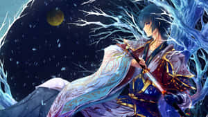 藍髮動漫戰士手持發光劍，夜晚站立於冰凍的冬季森林中。
