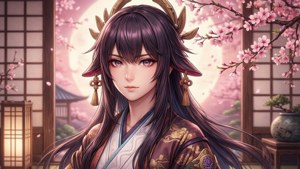 黃昏櫻花樹下穿著傳統長袍的鹿耳動漫女孩。