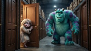 一個小女孩躲在門後，一隻帶有紫色斑點的大型綠色毛茸茸怪物在倉庫裡對她微笑。