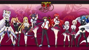 來自《高校DxD》第三季的動漫角色在粉紅色背景上戲劇性地擺姿勢。