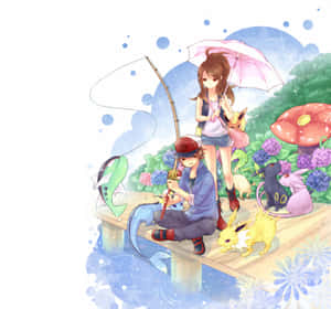 兩個動漫角色在雨中與寶可夢在粉紅色雨傘下釣魚。 — 藝術 壁紙