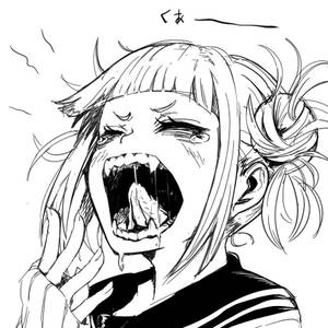 黑白素描中，動畫女孩張開嘴巴、頭髮凌亂地尖叫。 — Himiko toga GIF 壁紙