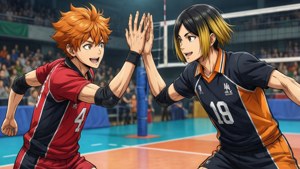 兩名動漫排球運動員喺比賽中擊掌，背景有觀眾