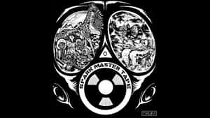 黑白標誌，帶有大腦半球和帶有「spark master tape」標籤的輻射符號。