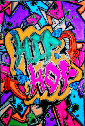 充滿活力的塗鴉藝術品，以風格化的字母呈現「HIP HOP」，周圍環繞著色彩繽紛的幾何形狀。