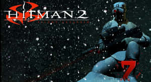 來自《Hitman 2》的雪夜場景中，一名戴面具的刺客手持步槍的剪影。 — 刺客2 壁紙