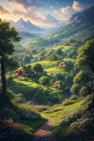 石徑蜿蜒穿過花草地，通往日落山脈下的山丘小屋