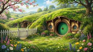 一間帶綠色門的哈比人小屋，位於櫻花下花團錦簇的花園中。