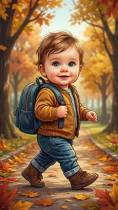 一個微笑嘅幼兒著住外套同背包，行過有落葉嘅森林。 — iPhone 5 壁紙