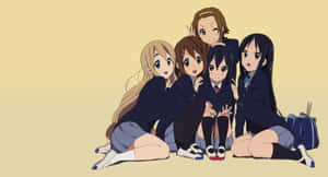 五個動畫女學生擠埋一齊，睇起嚟好驚訝。