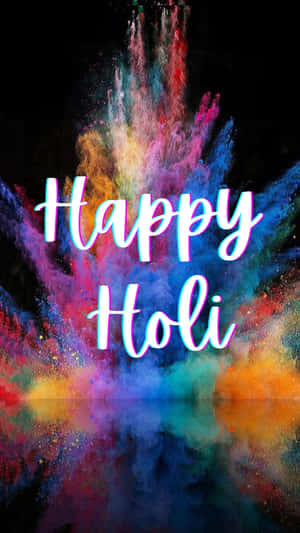 彩色粉末爆炸，帶有霓虹發光的「Happy Holi」文字。