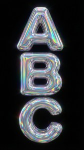 三個光澤虹彩字母ABC垂直漂浮，在黑色背景上帶有彩虹反射