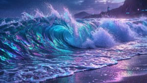 發光的波浪在暮色天空下以霓虹色彩衝擊海灘。
