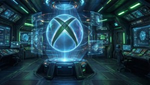 一個發光的Xbox標誌在一個高科技控制室中，配有全息屏幕和綠色燈光。