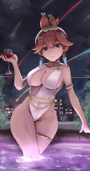 動漫女孩穿著粉紅色服裝，在星空下發光的水中手持酒杯。