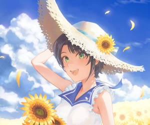動畫女孩在向日葵田戴草帽向觀眾微笑