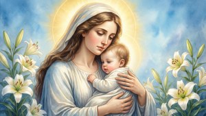 一位帶著光環的女性在藍天下懷抱嬰兒，周圍環繞著白色百合花。