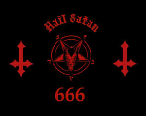 撒旦符號，包含山羊頭骨、倒置十字架，以及紅色文字 Hail Satan 和 666，置於黑色背景上。
