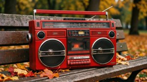 紅色復古手提音響在木長椅上與秋葉
