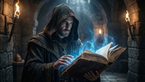 一位戴著兜帽的巫師在火炬照亮的石墓穴中，從一本古老的書中施展藍色魔法。