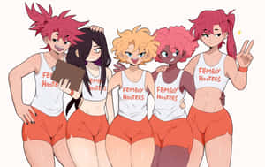 五個穿著Hooters風格服裝的動漫角色一起擺姿勢。
