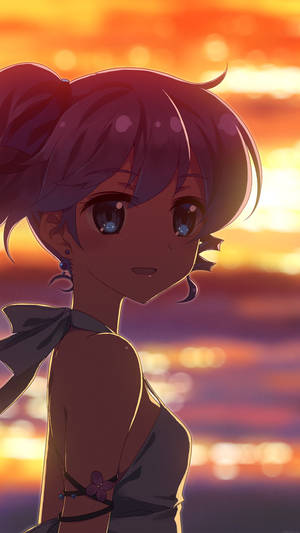 紫髮蝴蝶結動漫女孩看著夕陽。