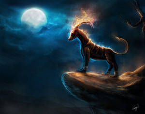 神話中的火焰角犬在夜晚的滿月下站在懸崖上。