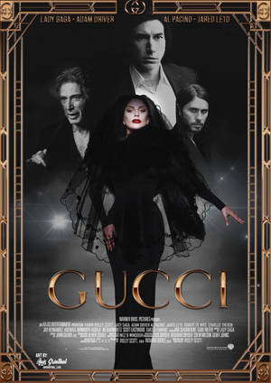Gucci電影海報，Lady Gaga與演員以黑金配色呈現。