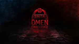 在黑暗煙霧背景下的裂石上，發光紅色Omen Challenge標誌。