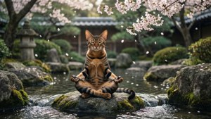 一隻貓在櫻花飄落的日本庭園石頭上冥想。