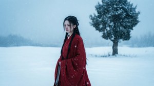 一位身穿紅色長袍的女性在雪地中站立，背景有樹，正值下雪。