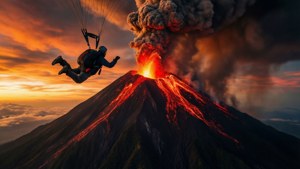 日落時分，滑翔傘飛越噴發的火山，熔岩沿山坡流下。