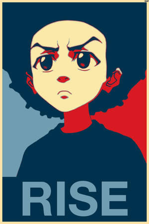 一個動漫角色，憤怒的臉和紅色的眼睛，在紅、藍、灰背景前，帶有RISE字樣。