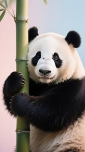 一隻大熊貓用爪子抓著竹莖