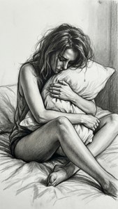 一個女人在木炭畫中在床上抱著枕頭哭泣。