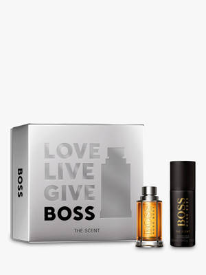 Hugo Boss 香水和止汗噴霧禮品套裝，配有銀色盒子和琥珀色瓶子。