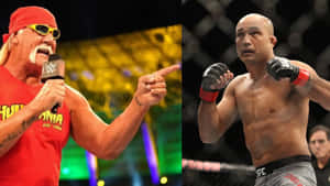 Hulk Hogan在籠中手持麥克風站在一位UFC拳手旁邊。 — 霍克·霍肯 壁紙