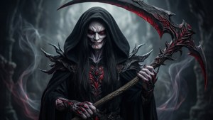 一個擁有發光紅眼的死神，手持鋸齒鐮刀，在迷霧森林中。