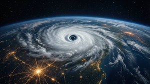 颶風在地球上空旋轉，伴隨著發光的城市燈光和星空