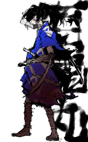 動漫武士戰士穿著藍色長袍，手持劍，背景為墨水風格的煙霧