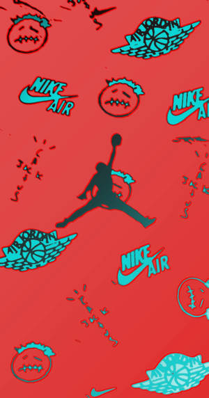 紅色背景，帶有青色Nike Air Jordan標誌和卡通面孔，採用塗鴉風格。