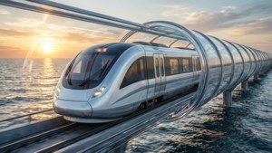 金色日落時分，海洋上空透明管道內的時尚銀色超迴路列車